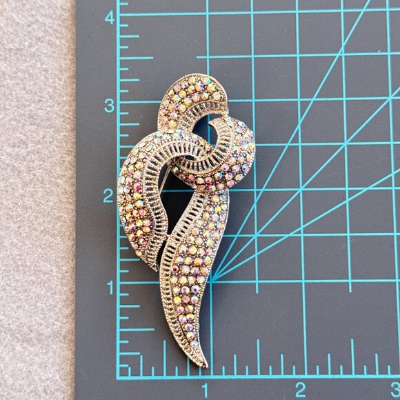 Brooch Ribbon Aurora Borealis Rhinestones Silver Tone Heavy Bling Sparkle - Picture 7 of 7